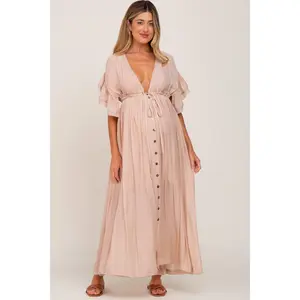 Light Pink Deep V-Neck Button Down Maternity Maxi Dress