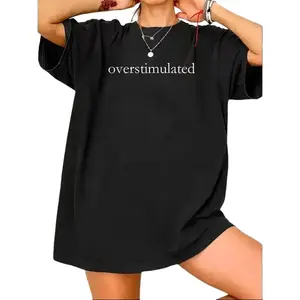Women's Oversized Casual Graphic T-Shirt - "Overstimulated" Print Short Sleeve Summer Top, Black with White Lettering, Breathable Round Neck Tee for Casual Attire, Ladies T Shirts, Comfortable Tee, Relaxed Fit Shirt, Machine Washable Shirt