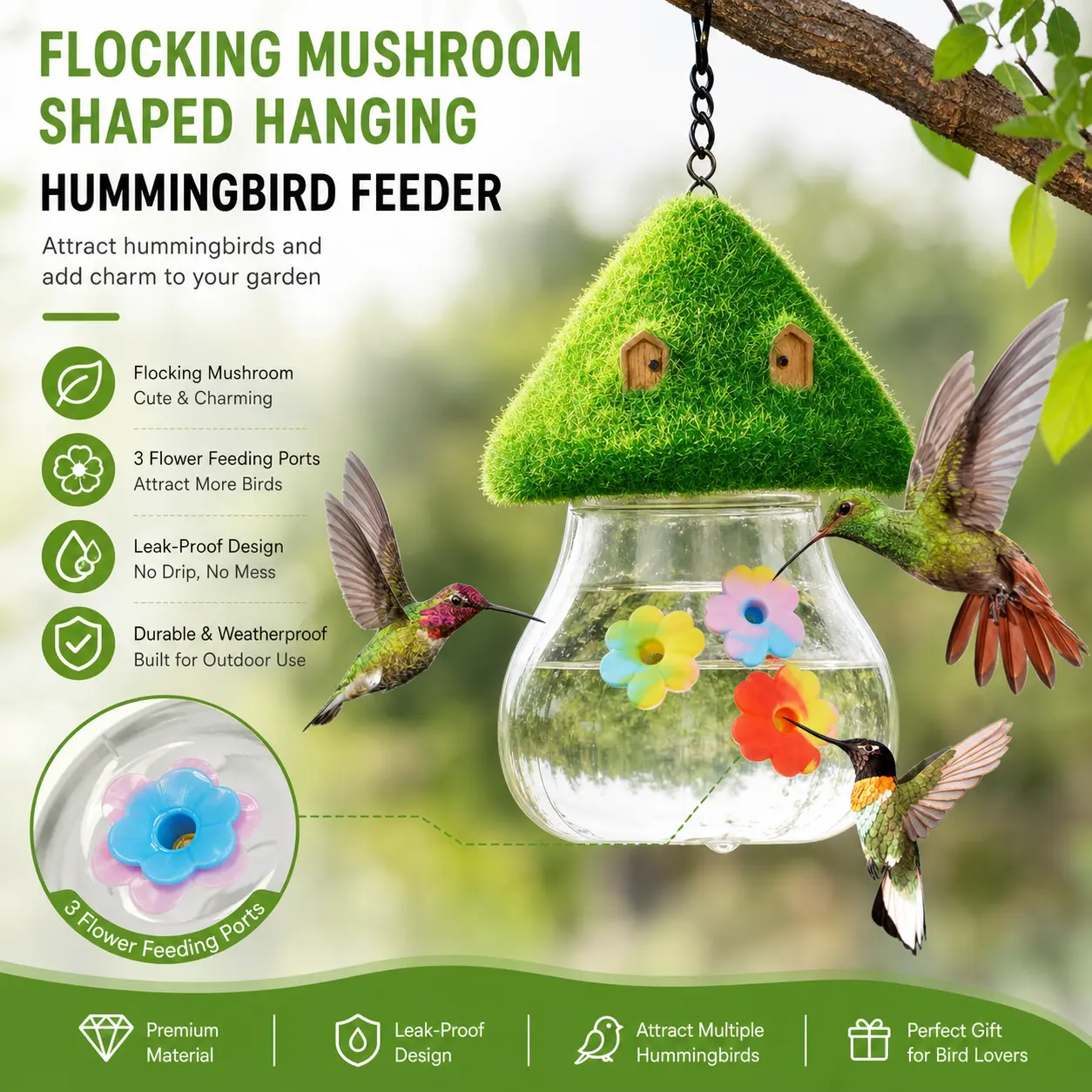 Mushroom Flocking Hanging Hummingbird Feeder, Transparent Wild Bird Water Nectar Feeder Outdoor Garden Yard Decor