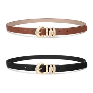 JASGOOD 2 Pack 0.71'' Womens Skinny Leather Belts for Ladies Thin Waist Belt for Jeans Dress Pants with Fashion Gold Buckle