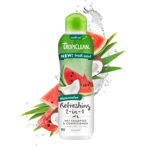 TropiClean 2-in-1 Dog Shampoo and Conditioner, Moisturizing Dog Detangler, Puppy Safe, Made in the USA, Watermelon Scent, Cat & Kitten Safe, 20oz.