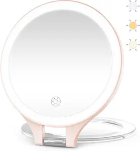 Magnifying Mirror with Light, 10X/1X Magnification Double-Sided Travel Makeup Mirror, with 3 Color Lights, Touch Control, Rechargeable Portable Mirror for Bedroom, Bathroom (Pink)