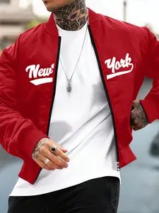 Men's Autumn Winter Ribbed Collar Jacket with New York Letter Print, Casual Sports Street Style Hooded Top, Zipper Closure & Pocket Design, Trendy Brand Outdoor Fashion Cardigan Coat, Ideal Gift for Husband or Boyfriend