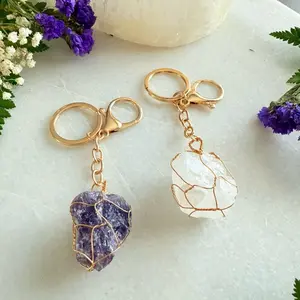 Natural Crystal Keychain, Faithful Gift, Handcrafted Stone Charm, Raw Amethyst Keychain, Raw Clear Quartz, Wire Wrap Crystal, Crystal Stone