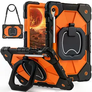Heavy Duty Shockproof Case for Samsung Galaxy Tab A11 Plus 11" 2025,Compatible with Tab S10Lite/S10FE/S9FE/S9/A9+/A7 Lite 2023 - with Rotating Stand Pencil Holder Shoulder Strap Full-Body Drop Protection Cover Kids - Black+Orange Tablet Casing
