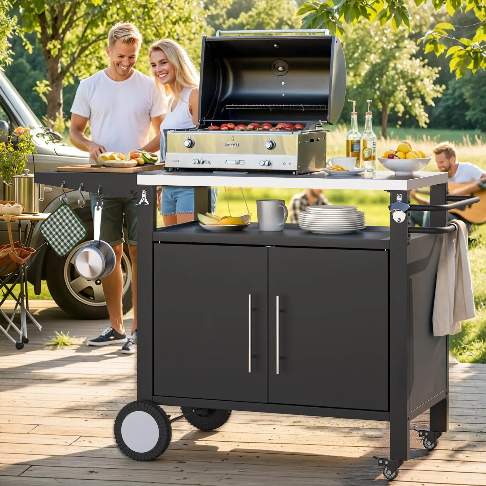 Outdoor Grill Table with Storage Cabinet and Wheels, Stainless Steel Top, Extension Plate, Outdoor Pizza Oven Stand Table for BBQ Barbecue