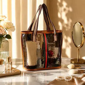 MeToMe Large Capacity Transparent Makeup Bag for Gym, Swimming, and Bathing – Vintage Luxury Style, Multi-Functional Storage with Clear Material and Sturdy Tote Handles