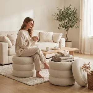 Modern Cloud Boucle Ottoman, Comfortable Round Stool with Storage for Living Space summergarden