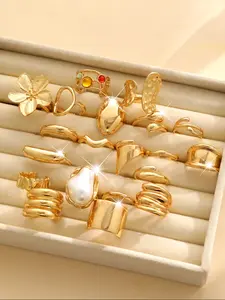 Women's Elegant Floral Wide Band Geometric Baroque Ring Set, Zinc Alloy Jewelry for All Seasons, Trendy Party & Daily Wear, Fashion Stackable Rings, Unique Rings