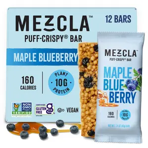 Mezcla Maple Blueberry Puff-Crispy Bar - 12 Bars, 160 Calories, 10g Protein, Plant-Based, Gluten-Free, Vegan, Non-GMO, Sweet Blueberries & Mapley Vanilla Drizzle - Crunchy