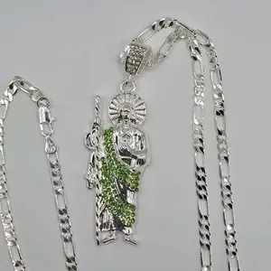 Saint Jude religious necklace figaro style SILVER-PLATED green  color stone's 24"inches