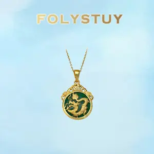 [FOLYSTUY (YNK16)]Green Jade Carved Dragon Pendant Necklace 24.55×38.5mm