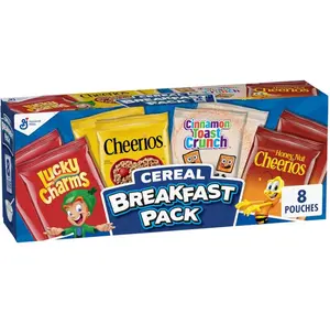 General Mills Breakfast Cereal Variety Pack, Lucky Charms, Cinnamon Toast Crunch, and Cheerios Varieties, Single Serve Snacks, 9.14 oz (8 Pouches)