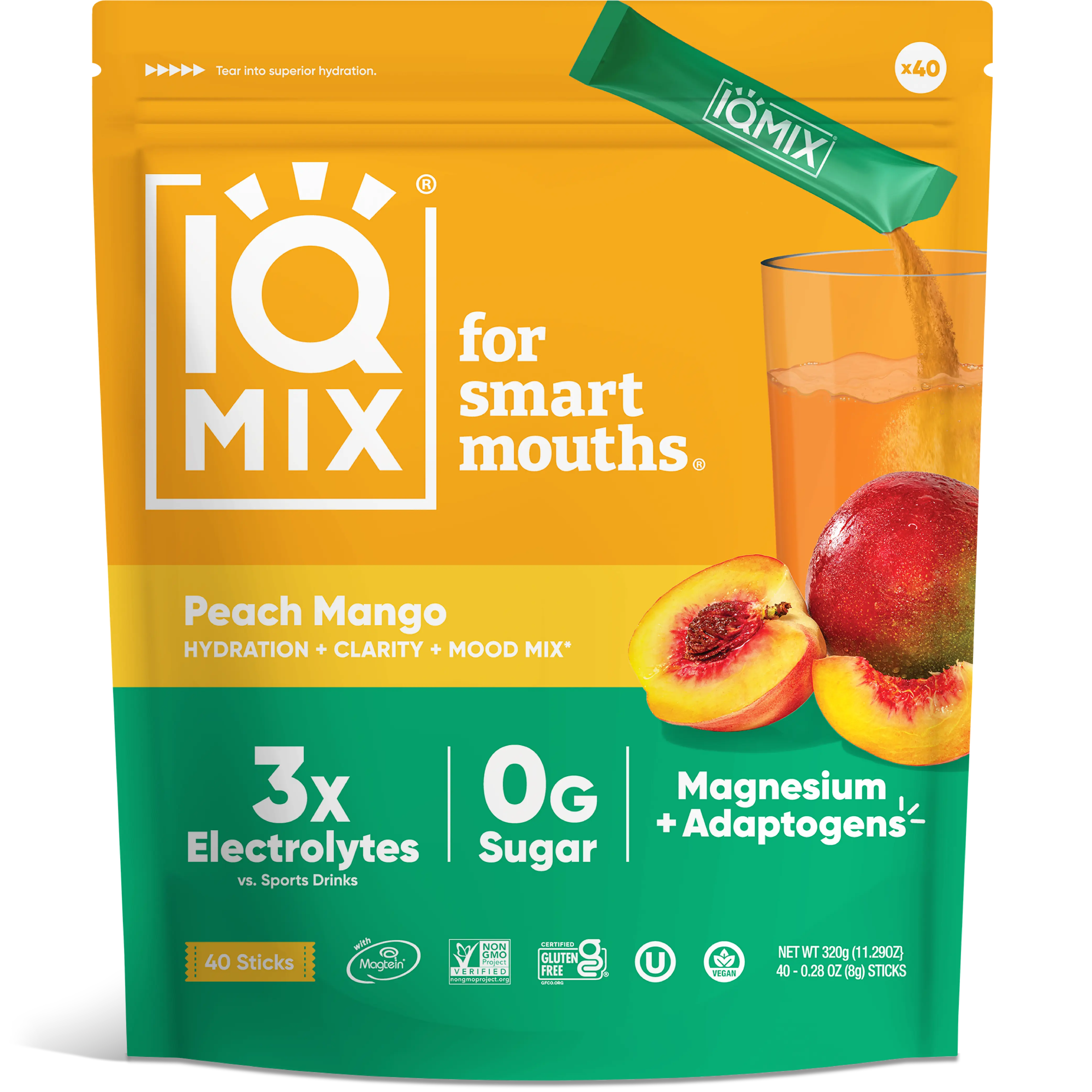 IQMIX Peach Mango Beverage Powder (40 Sticks) - Flavor Packets for Water, Tropical Hydration Boost, Refreshing Post-Work Drink, Sugar