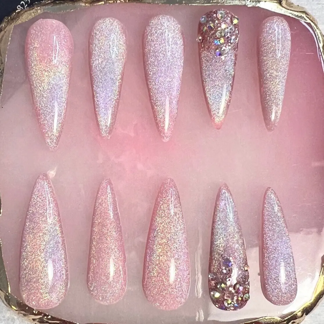 Pink Rainbow Cateye and Chunky Holographic Glitter Design Handmade Press-On Acrylic Nails 10 PCS - Available in Various Sizes