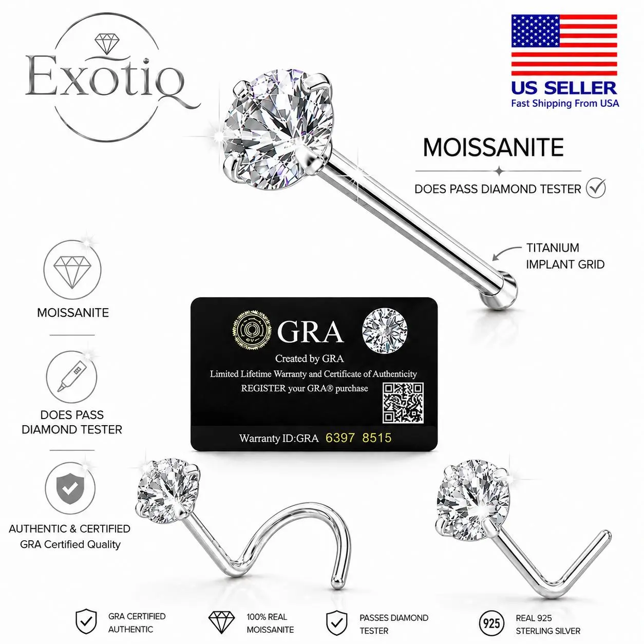Moissanite Stone Titanium Nose Stud Piercing 18 Gauge L shape, Bol At the End, Corkscrew Moissanite Stone Passes Diamond Test Body Jewelry Nose Studs