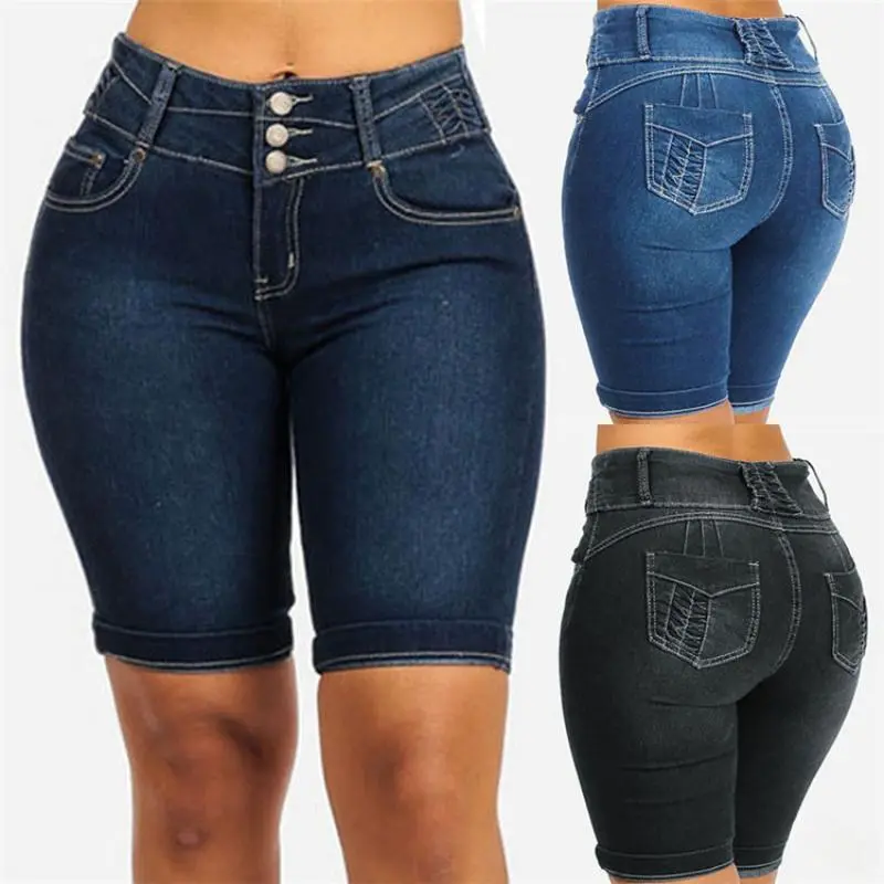 Women's mid-waist tight, hip-lifting, elastic Bermuda denim shorts for Summer 2025,travel essentials,camping essentials