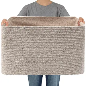 Woven Blanket Basket, 65L Large Storage Bin for Blankets Toys Clothes, Decorative Rope Basket with Handles for Living Room Bedroom, Oatmeal