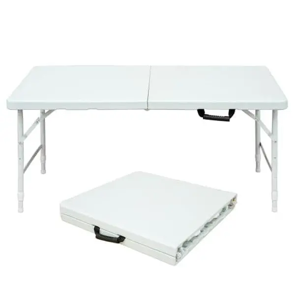 Outdoor Folding Table 4 Ft Small Portable Plastic Rectangle Table with Metal Frame & Handle, 300 Lbs Capacity, Lightweight & Foldable, Waterproof & Easy to Clean for Picnic, Party, RV(White)