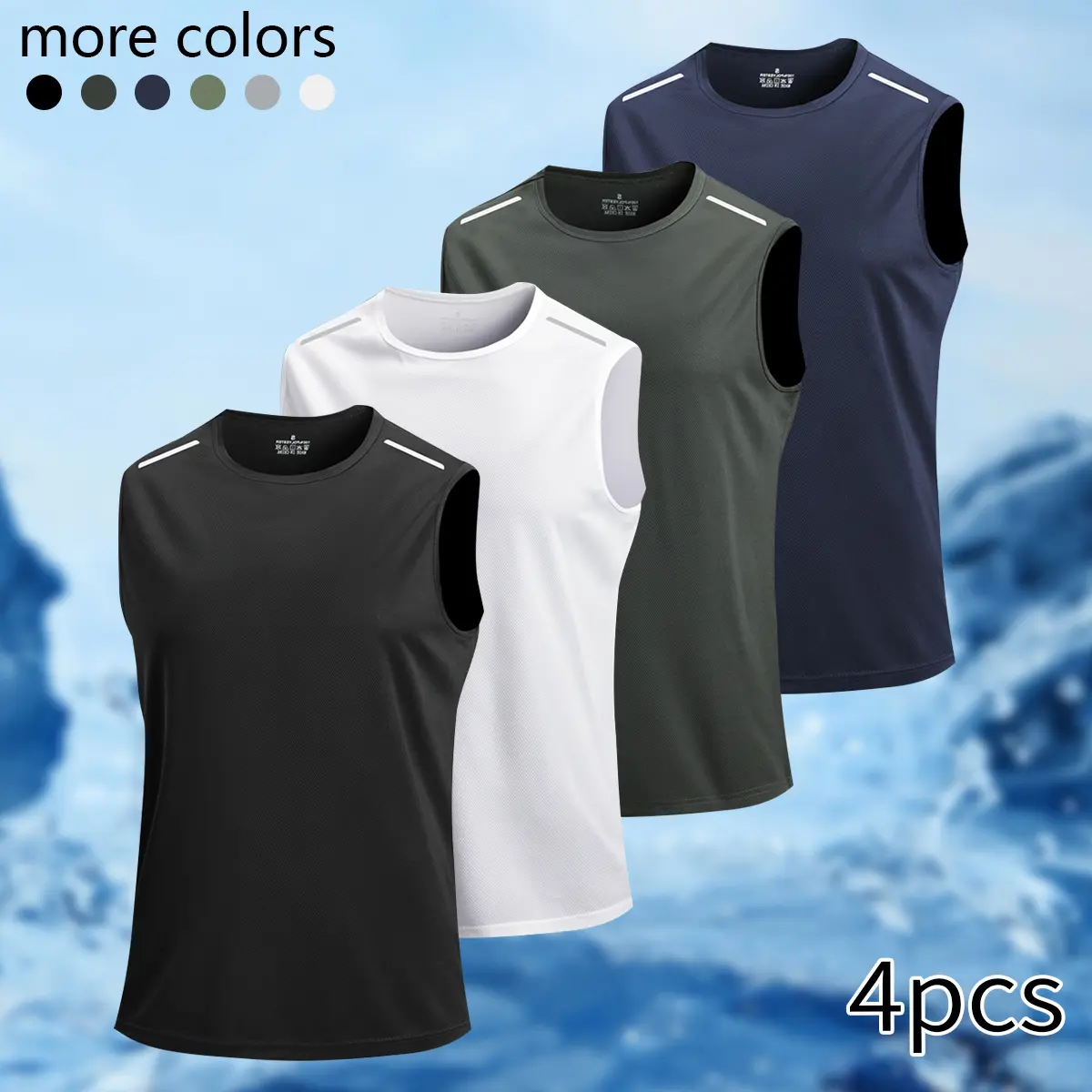 4-piece set of summer men’s outdoor casual tank tops; solid-color sleeveless men’s outdoor apparel; hiking and outdoor leisure clothing made from polyester knit fabric—cool, breathable, quick-drying, suitable for everyday workouts and running.
