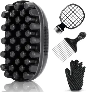 Upgraded Silicone Freeform Twists Set, 4-in-1 Grooming Kit for Black Men with Metal Fist Pick & Hair Edge Brush, Afro Hair Styling Tools