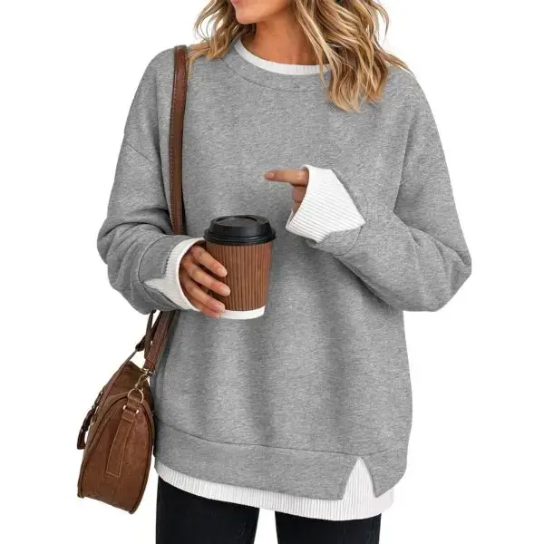 Women's Fake Two Piece Layered Sweatshirt, Crew Neck White Ribbed Cuff & Hem Patchwork Drop Shoulder Oversized Long Sleeve Pullover Top Hoodie Hoodie Fit Casual