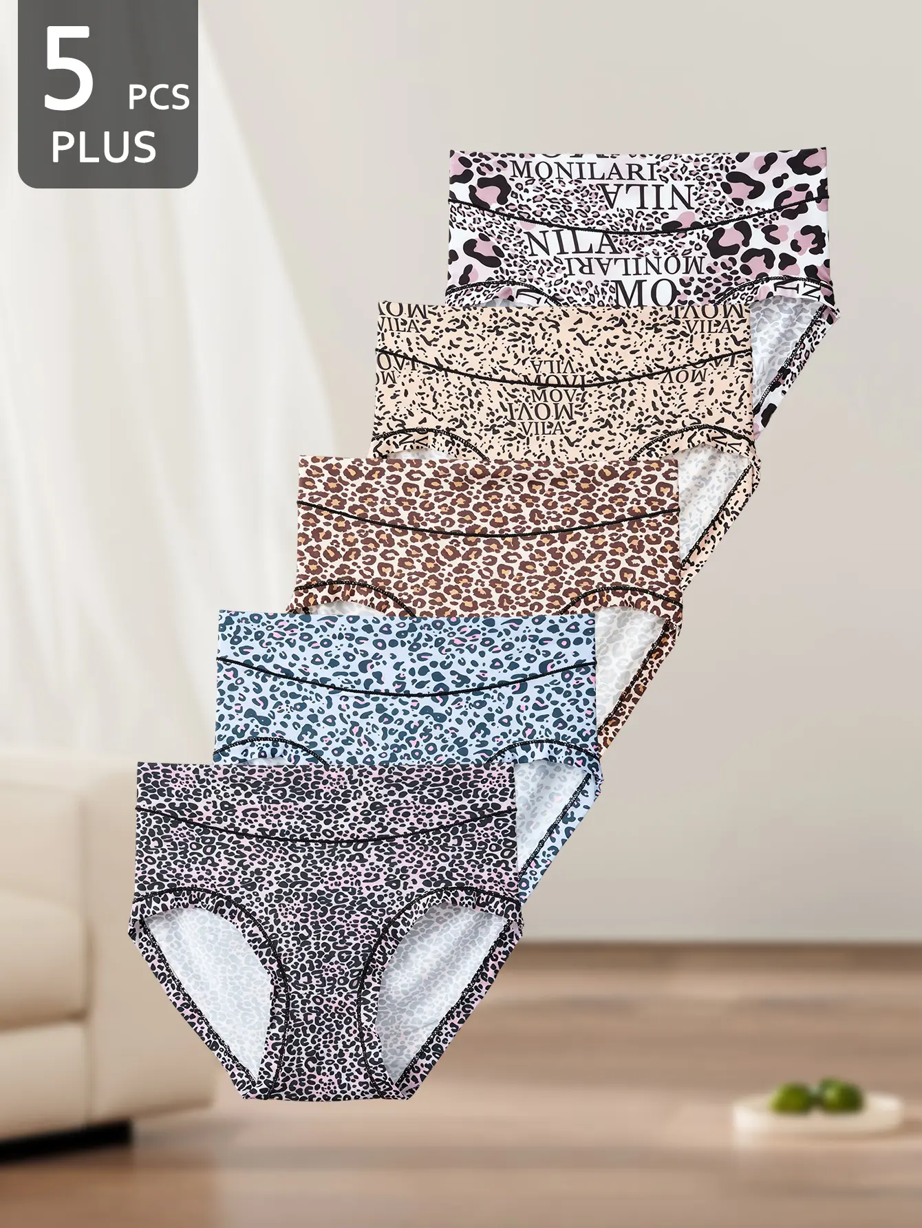 Women's Plus Size 5PCS Mixed Colors High Waist Panty Set - Bold Leopard Look, Soft Stretch Breathable Knickers, Skin-Friendly Comfort Knit, Full Coverage Casual Comfy Daily Essential Underwear (1XL-4XL)