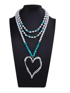 Mother's Day Gift Women's Boho Style Faux Pearl Decor Heart Design Layered Necklace, Fashion Punk Turquoise Texture Decor Necklace for Party, Daily