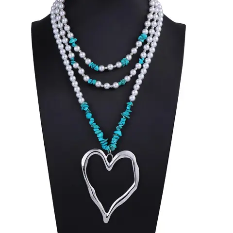 Mother's Day Gift Women's Boho Style Faux Pearl Decor Heart Design Layered High End, Fashion Jewelry Accessories Punk Turquoise Texture Decor Necklace, Boho Necklaces for Party, Daily, Trendy Jewelry, Fashionable Accessory