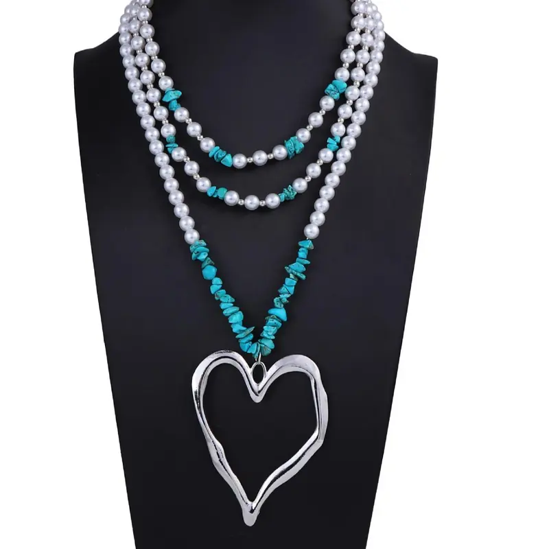 Mother's Day Gift Women's Boho Style Faux Pearl Decor Heart Design Layered High End, Fashion Jewelry Accessories Punk Turquoise Texture Decor Necklace, Boho Necklaces for Party, Daily, Trendy Jewelry, Fashionable Accessory