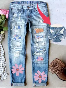 Women's Valentine's Day Patch Ripped Distressed Mid-Waist Boyfriend Fit Washed Floral Print Loose Denim Button Jeans Pants Bottoms Elastic Waistband Breathable Comfort Fabric All Seasons Wear