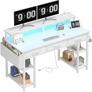 Lufeiya White Computer Desk with Fabric Drawers, 47 Inch Home Office Desk with Monitor Stand Shelves, Writing Study Gaming Desks with Led Lights and Power Outlets for Bedroom, White white computer desk