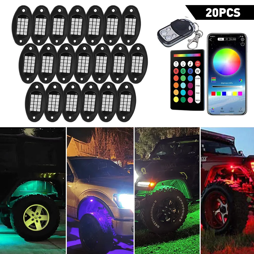 Multicolor RGB Rock Lights, 8/10/12/20 Pods Multicolor RGB LED Rock Lights Kit  Offroad Truck Underbody Neon , Bluetooth APP/Remote Control, Flashing Music Mode Wheel Well Light, For Pickup Truck ATV UTV RZR SUV