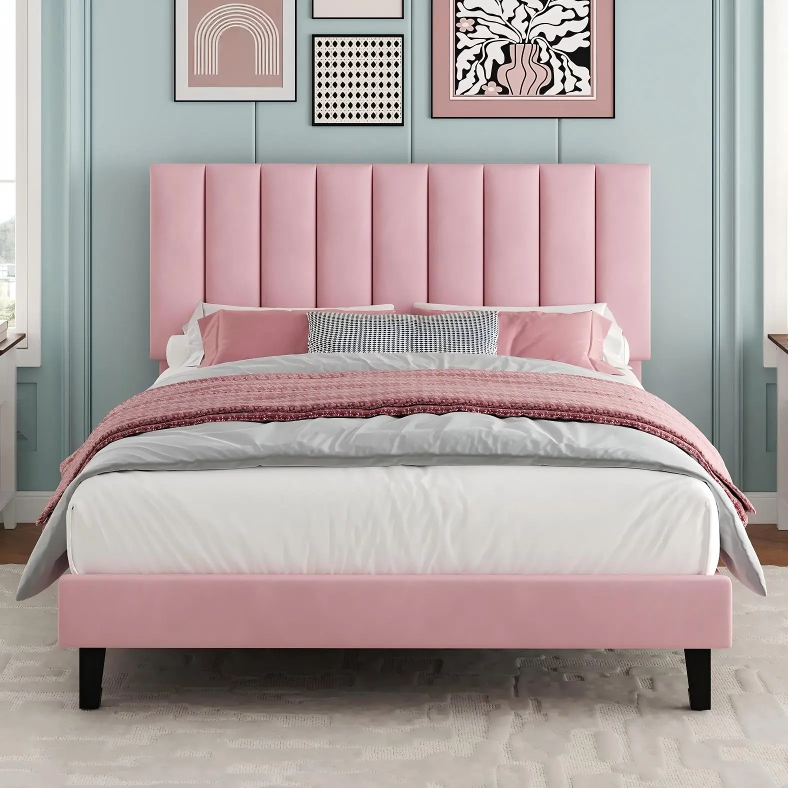 Garvee Full Size Velvet Upholstered Modern Platform Bed Frame, Elegant Heavy Duty Bed Frame with Adjustable Vertical Channel Tufted Headboard, No Box Spring Needed, Easy Assembly, Pink, Bed Frames