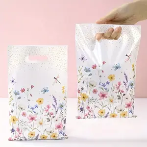Wildflower Theme Plastic Gift Bags, Set of 10/25/50 Pcs, Leaf & Flower Design, Punch Hole Handles, Ideal for Mother's Day, Weddings, Birthdays, Event Bags, Party Favors, Multiple Quantity Options, Gift Wrapping Supplies