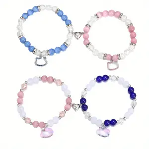 4Counts of 8mm Natural Stone Mixed Color Cat Pendant Love Shaped Magnetic Elastic Beaded Couple Bracelet Set