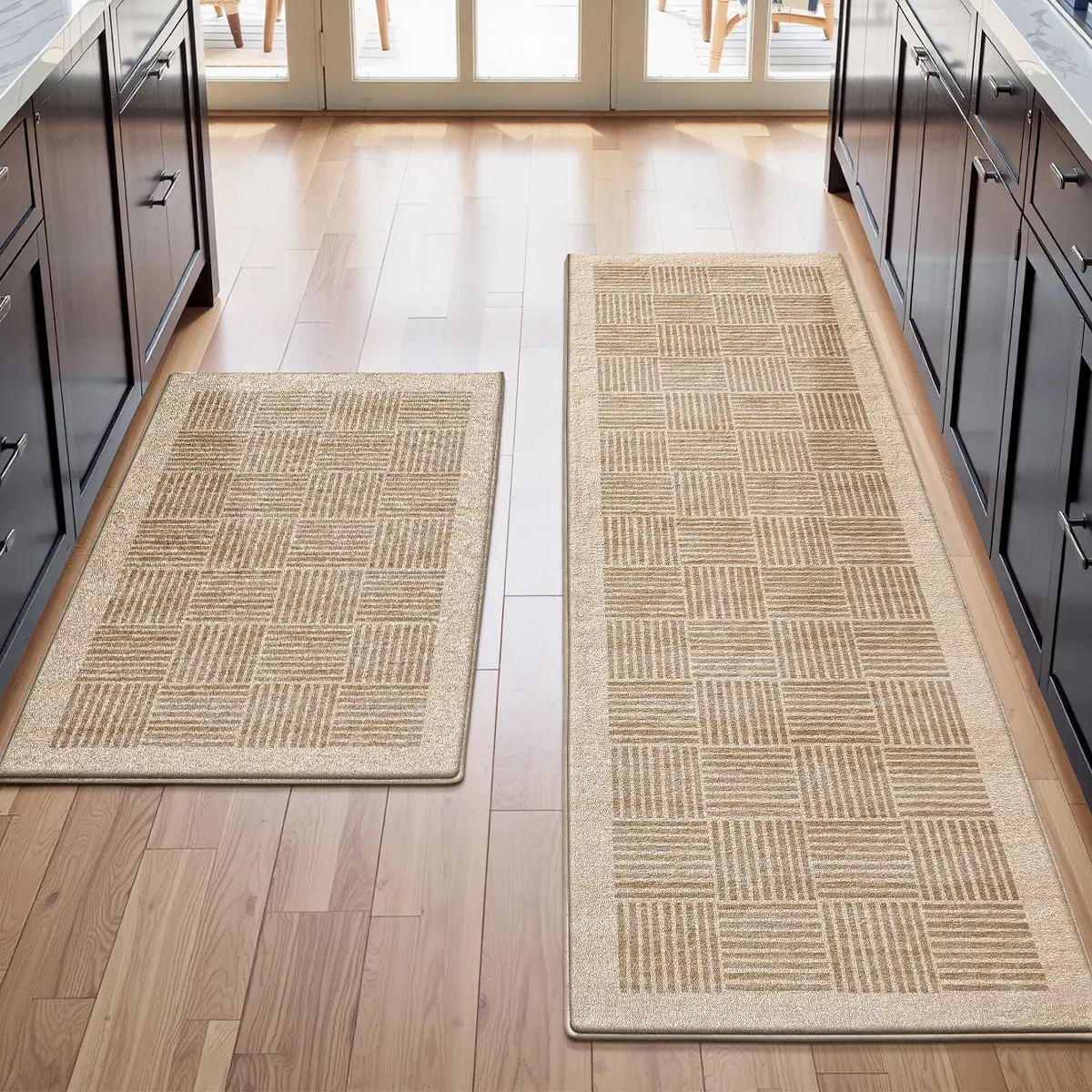 LUMI Beige Grid Textured Micro Cashmere Kitchen Mat Set, Anti Slip Thin Kitchen Runner Rugs Combo Machine Washable Soft Comfort Standing Floor Mats for Home Kitchen Decor