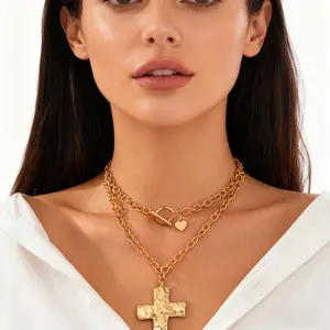 Gold Chunky Cross Necklace for Women Statement Cross Pendant Layered Hammered Bold Vintage Toggle Clasp Jewelry Unisex
