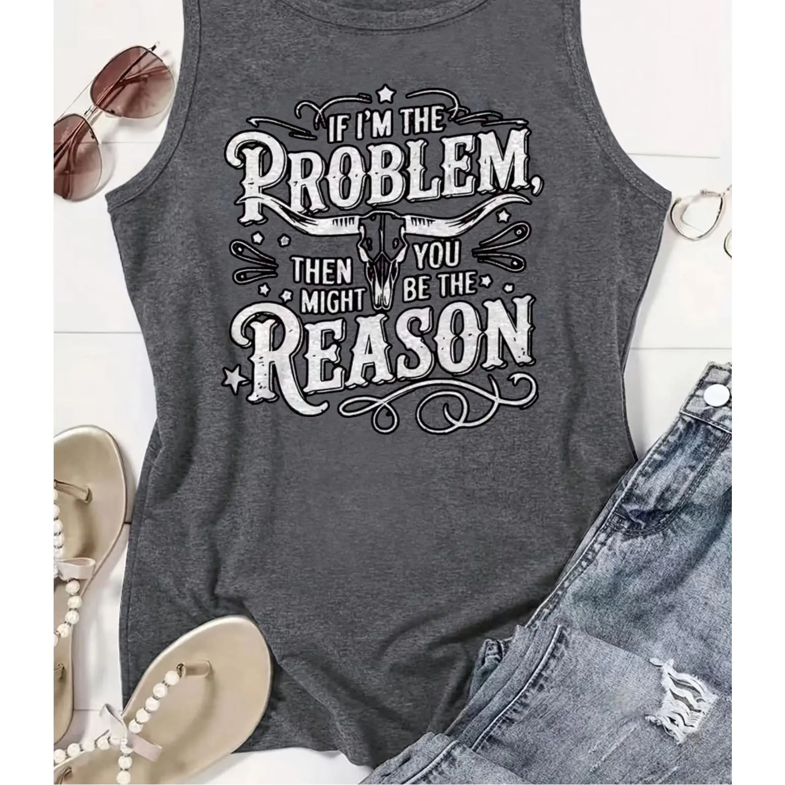 Plus Size Women's Sleeveless Tank Top - Round Neck, Medium Stretch, "If I'm The Problem Then You Might Be The Reason" Slogan Print, Vintage Boho Women's Top, Versatile Layering for Casual Attire, Festivals, Gifts, Plussize, Women's Tops