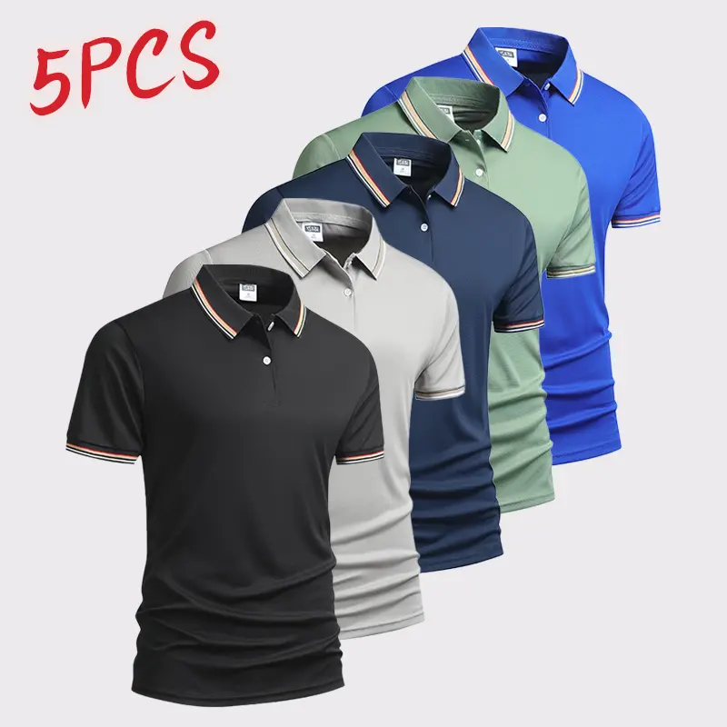 Men’s fashion striped short-sleeve polo shirt, 5-pack. Comfortable and breathable men’s apparel available in multiple colors. Suitable for workwear, office outfits, and sports wear—versatile and comfortable.