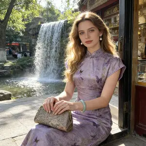 Lilac Purple Butterfly Jacquard · Short-Sleeve Elegant Dress