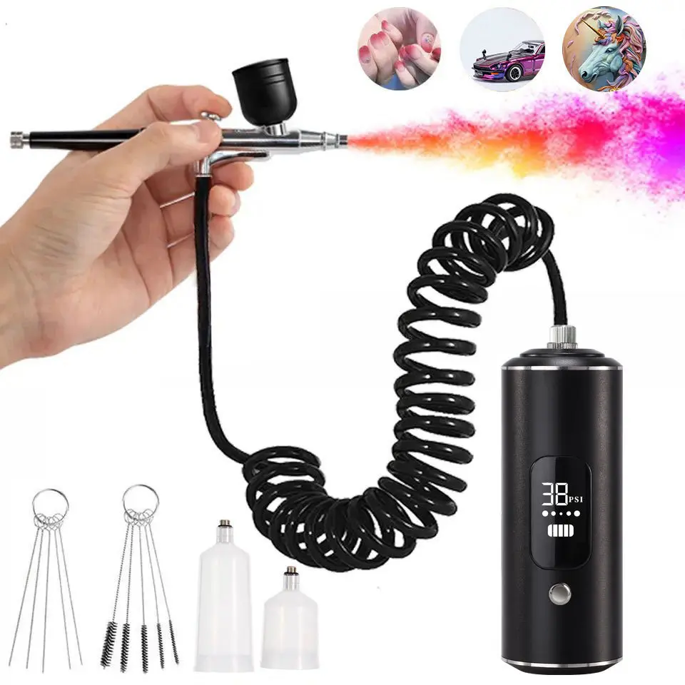 Professional Electric Air Compressor Kit with Airbrush Set, Spray Gun, Digital Display - 38 PSI Max Pressure Power Airbrush Tool, Nail Supplies for Nail Art, Painting, Body Paint (Home Duster Tool)