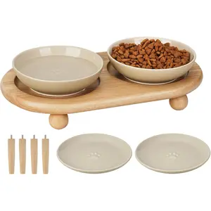 Elevated Ceramic Cat Bowl Set, Including Stands of 2 Different Heights, Cat Food and Water Bowl Set, Anti Whisker Fatigue (2 Deep Bowls + 2 Shallow Bowls + Raised Stand + Non-Slip Mat)