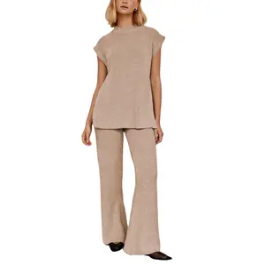 Yeokou Women's 2-Piece Elastic Comfy Knit Pajama Set - Sleeveless Side Slit Pullover Top & Wide Leg Pants, Casual Loungewear