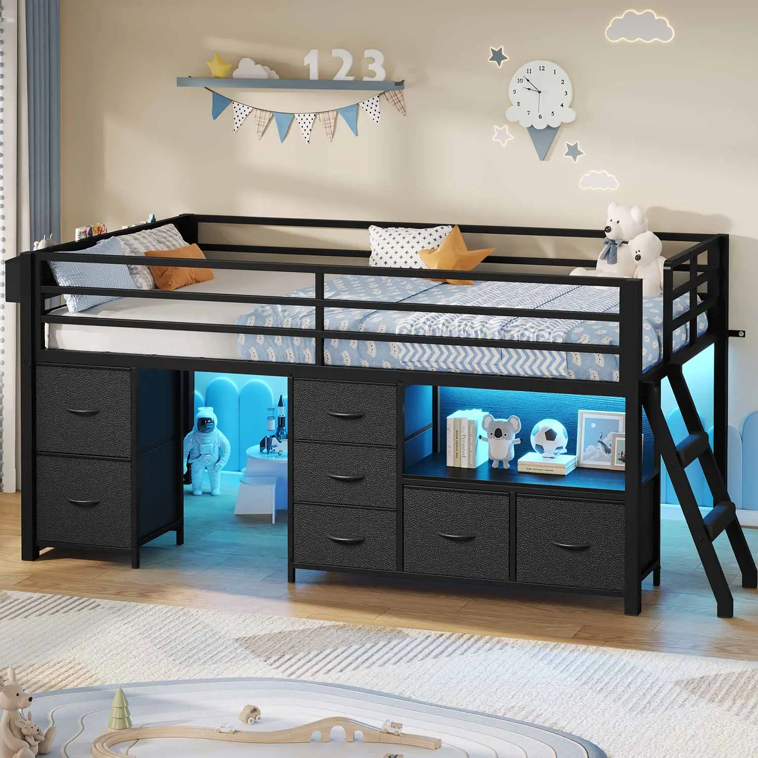 SIKAIC Twin Size Low Loft Steel Loft Bed Frame with Guardrails, Built-in Bookcase, 7 Drawers, RGB LED Lights, Anti-Topple Device, Play Curtain, Underbed Secret Fort - 77.9"l x 42"w x 41.3"h Black Single Twin Indoor Bedroom Furniture