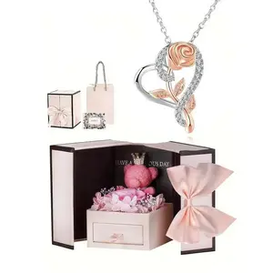 Rhinestone Decor Heart Shaped Pendant Necklace with Rose Bear Box and Greeting Card, Chic Jewelry As Gift for Girlfriend, Gift Ideas for Women, Valentine's Day, Gift for Her, Mother's Day Gifts, Gift Set for Mothers, Gifts for Her