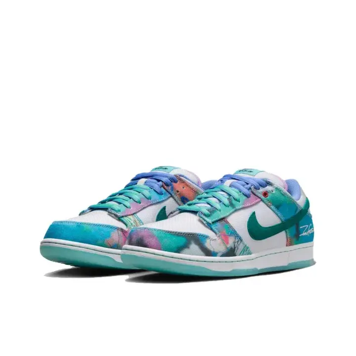 Low-top Skate Sneakers | White Canvas Upper with Abstract Splash Color Printing, Gradient Color Matching Laces and Signature Script Printing on Heel | Two-tone White and Cyan Flat Rubber Sole for Daily Streetwear