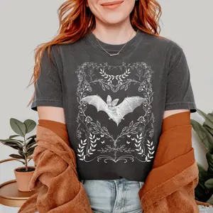 Comfort Colors Bat Floral Goblincore Shirt, Bat Lover Gift Shirt, Retro Aesthetic Halloween Bats Women's Vintage Oversized Tee