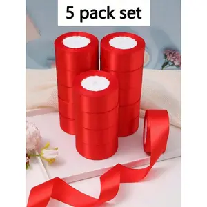 5 Rolls Red Satin Ribbon Set for DIY Rose Flower Decor Cake Gift Packaging Woven Ribbon Wedding Party Bow Graduation Ceremony Bride Birthday Decor Bridesmaid Favor