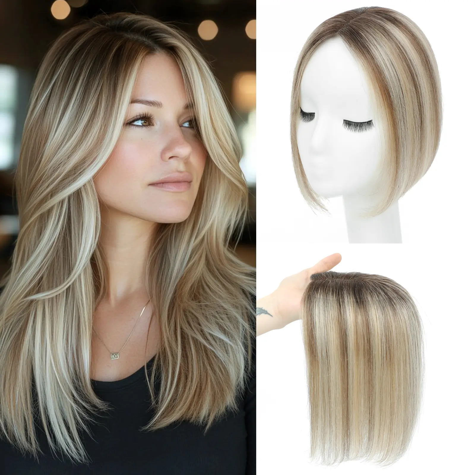 Clip In Human Hair Topper 10 Inch, 3.15*4.4 Inch Lightweight Breathable Lace Base Glueless Hair Patch for Sparse Hair Ladies